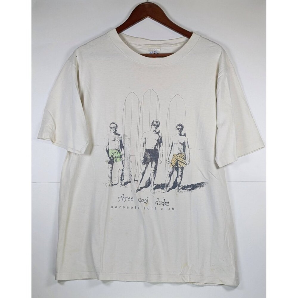 Vintage Three Cool Dudes Shirt Size Large Surf Club Beach 90s Skate VTG Sea Dog